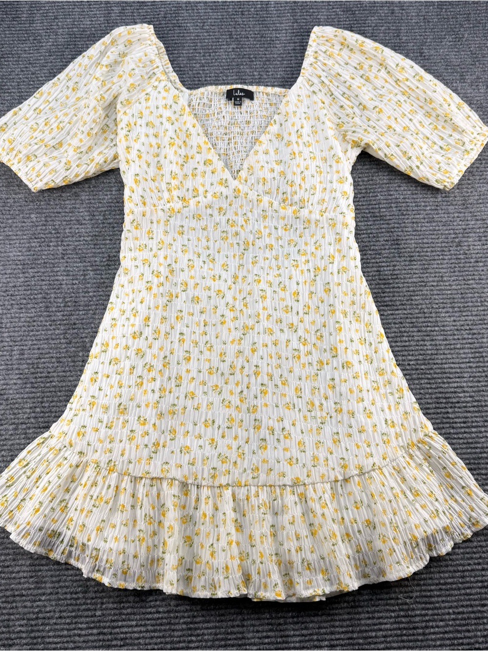 Lulus Cottagecore Ditsy Floral Open Back Mini Dress Womens M Yellow Puff Sleeve